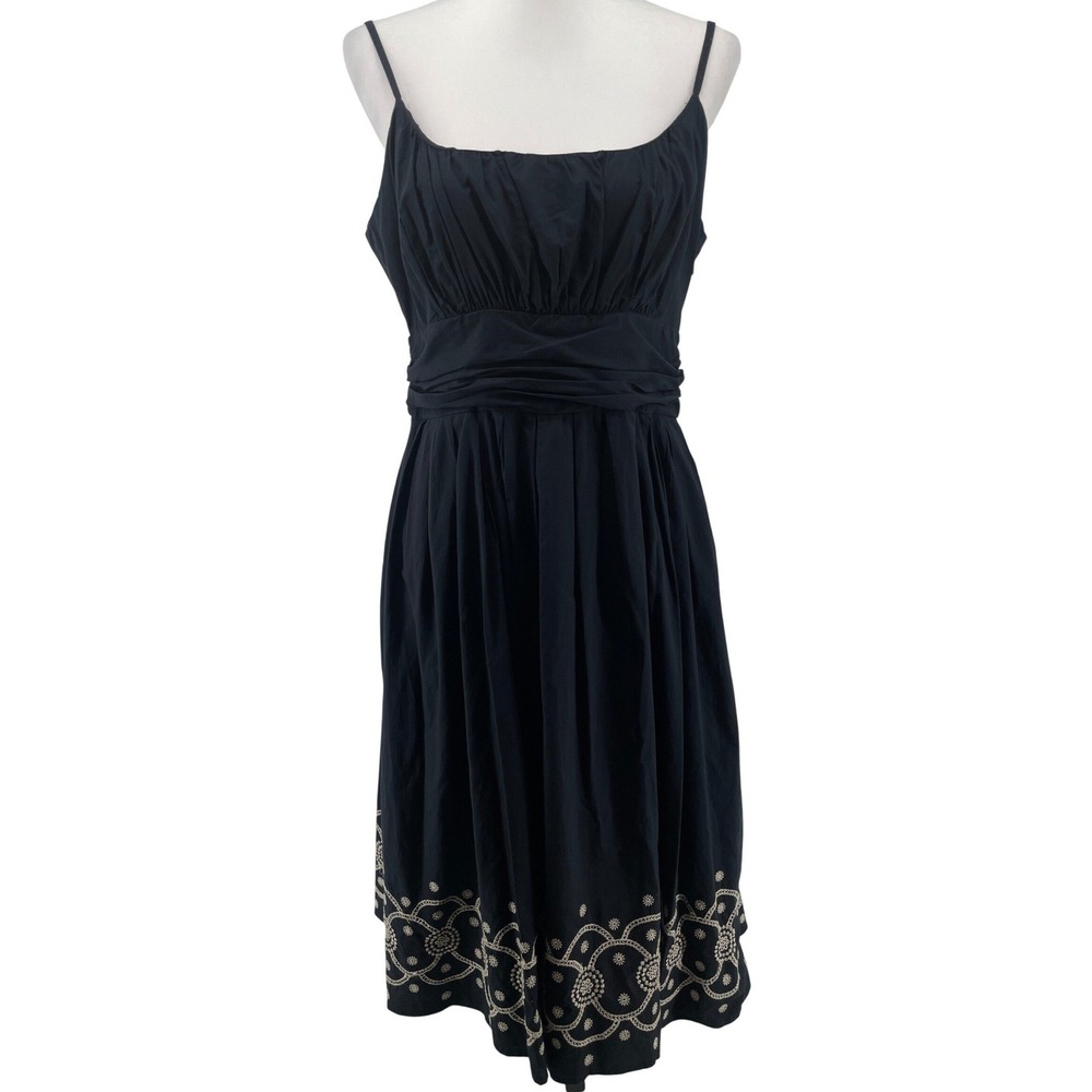 Cotton Midi Strappy Dress Womens 8โ Black Embroidered Cottagecore Boho Romantic